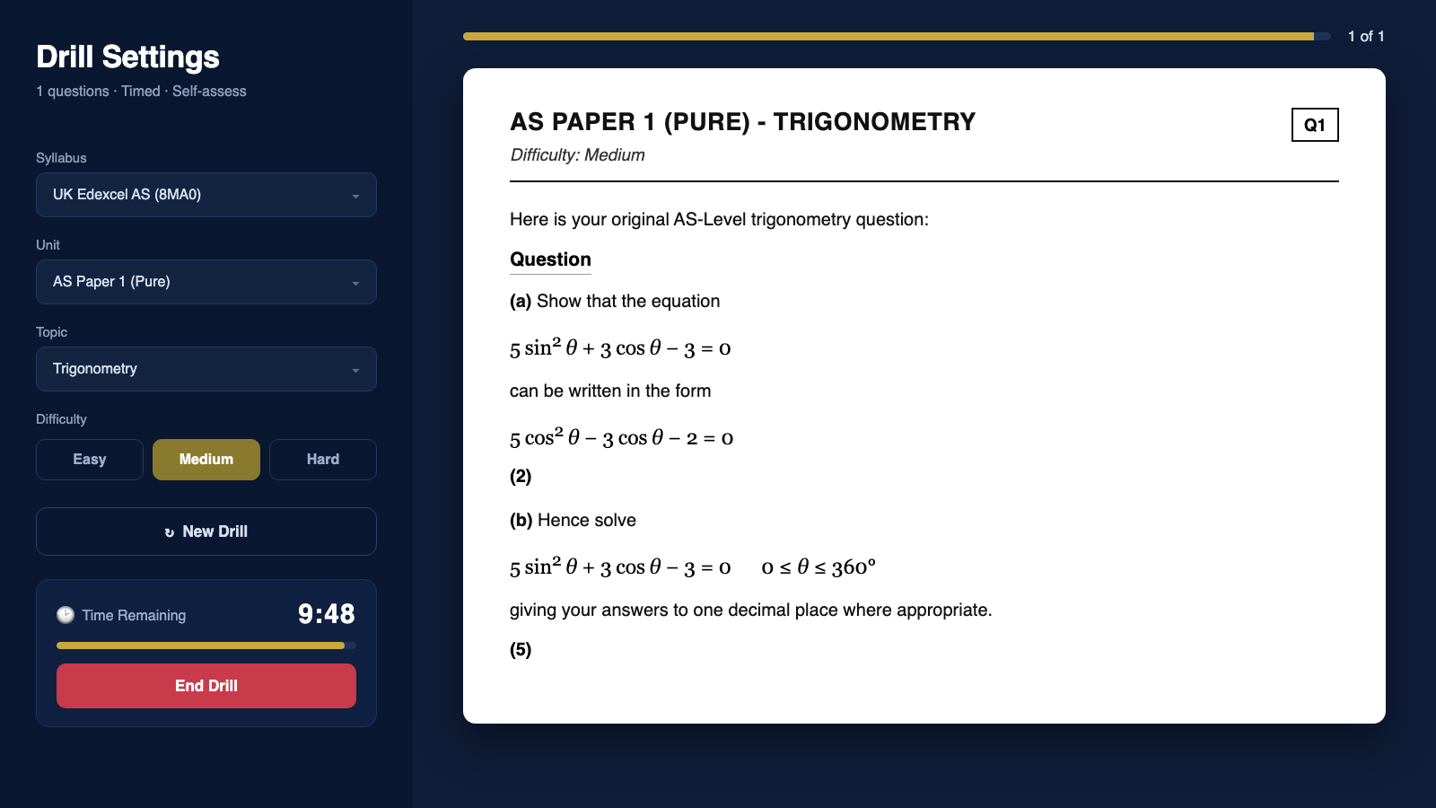 A timed drill in progress: an AS trigonometry exam question, with drill settings and a countdown timer
