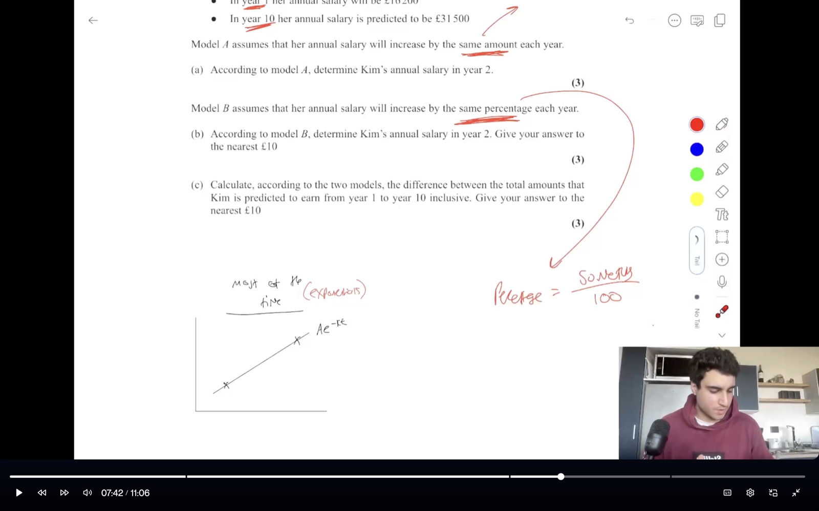 A personalised video answer: an exam question on salary models annotated live in red ink, with the tutor on camera